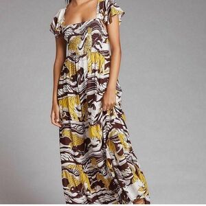 Anthropologie Yellow and Brown Maxi Dress